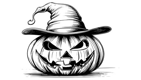 Sketch of the face of a pumpkin with a cap. Halloween pumpkin drawing scary jack o lantern engraving for autumnのイラスト素材