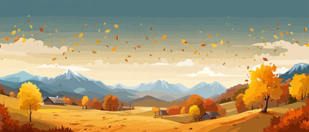Countryside panorama in autumn, vector horizontal banner of autumn landscape mountainsのイラスト素材