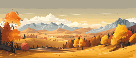 Countryside panorama in autumn, vector horizontal banner of autumn landscape mountainsのイラスト素材