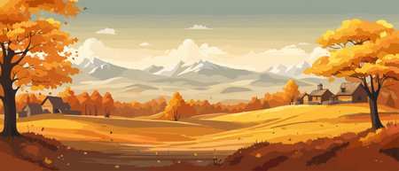 Countryside panorama in autumn, vector horizontal banner of autumn landscape mountainsのイラスト素材