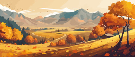Countryside panorama in autumn, vector horizontal banner of autumn landscape mountainsのイラスト素材