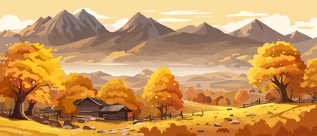 Countryside panorama in autumn, vector horizontal banner of autumn landscape mountainsのイラスト素材