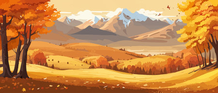 Countryside panorama in autumn, vector horizontal banner of autumn landscape mountainsのイラスト素材
