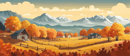 Countryside panorama in autumn, vector horizontal banner of autumn landscape mountains