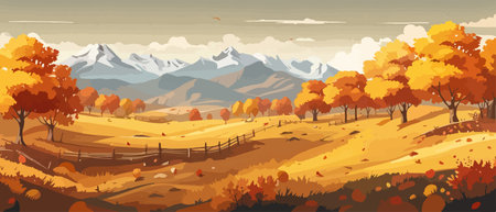 Countryside panorama in autumn, vector horizontal banner of autumn landscape mountainsのイラスト素材