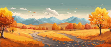 Countryside panorama in autumn, vector horizontal banner of autumn landscape mountainsのイラスト素材