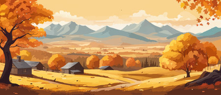 Countryside panorama in autumn, vector horizontal banner of autumn landscape mountainsのイラスト素材
