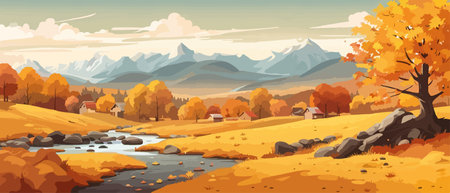 Countryside panorama in autumn, vector horizontal banner of autumn landscape mountainsのイラスト素材
