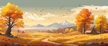 Countryside panorama in autumn, vector horizontal banner of autumn landscape mountainsのイラスト素材
