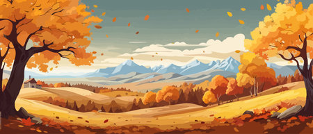 Countryside panorama in autumn, vector horizontal banner of autumn landscape mountainsのイラスト素材