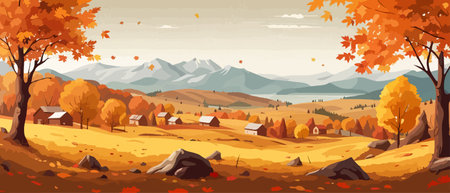 Countryside panorama in autumn, vector horizontal banner of autumn landscape mountainsのイラスト素材