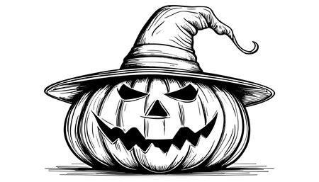 Sketch of the face of a pumpkin with a cap. Halloween pumpkin drawing scary jack o lantern engraving for autumnのイラスト素材