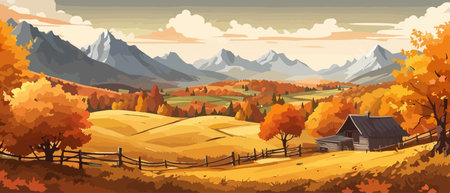 Countryside panorama in autumn, vector horizontal banner of autumn landscape mountainsのイラスト素材