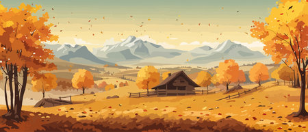 Countryside panorama in autumn, vector horizontal banner of autumn landscape mountainsのイラスト素材