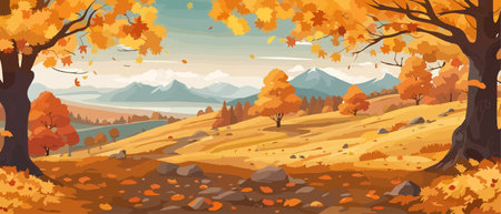 Countryside panorama in autumn, vector horizontal banner of autumn landscape mountainsのイラスト素材