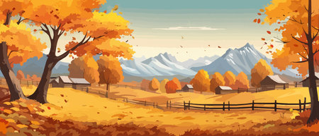 Countryside panorama in autumn, vector horizontal banner of autumn landscape mountainsのイラスト素材