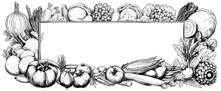 Vegetables top view frame. Farmers market menu design. Organic food poster. Vintage hand drawn sketch vectorのイラスト素材