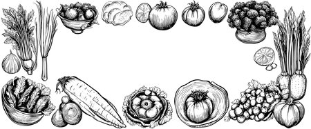 Vegetables top view frame. Farmers market menu design. Organic food poster. Vintage hand drawn sketch vectorのイラスト素材