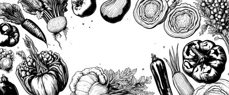 Vegetables top view frame. Farmers market menu design. Organic food poster. Vintage hand drawn sketch vectorのイラスト素材