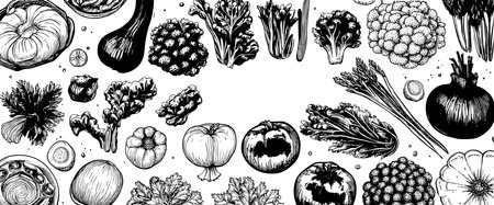 Vegetables top view frame. Farmers market menu design. Organic food poster. Vintage hand drawn sketch vectorのイラスト素材