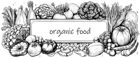 Vegetables top view frame. Farmers market menu design. Organic food poster. Vintage hand drawn sketch vectorのイラスト素材