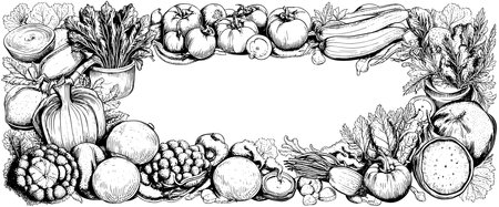 Vegetables top view frame. Farmers market menu design. Organic food poster. Vintage hand drawn sketch vectorのイラスト素材