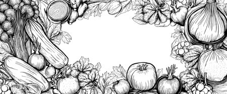 Vegetables top view frame. Farmers market menu design. Organic food poster. Vintage hand drawn sketch vectorのイラスト素材