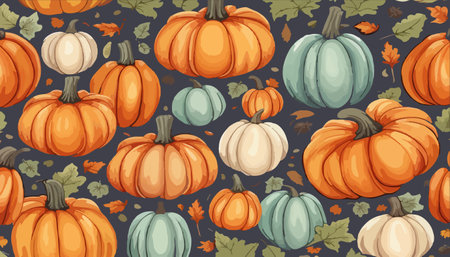 pumpkins and fall leaves seamless pattern. Autumn harvest wallpaper.のイラスト素材