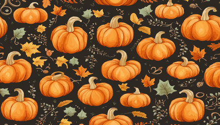 pumpkins and fall leaves seamless pattern. Autumn harvest wallpaper.のイラスト素材