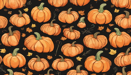 pumpkins and fall leaves seamless pattern. Autumn harvest wallpaper.のイラスト素材