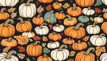 pumpkins and fall leaves seamless pattern. Autumn harvest wallpaper.のイラスト素材
