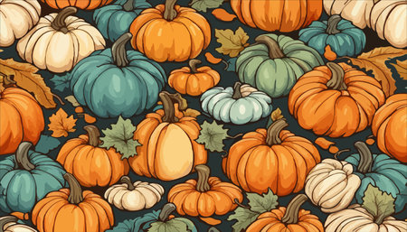 pumpkins and fall leaves seamless pattern. Autumn harvest wallpaper.のイラスト素材