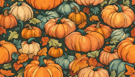 pumpkins and fall leaves seamless pattern. Autumn harvest wallpaper.のイラスト素材