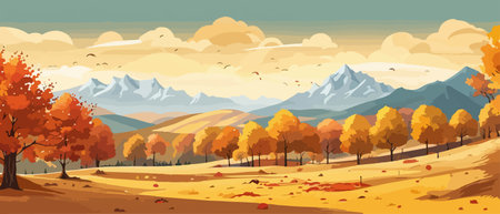 Countryside panorama in autumn, vector horizontal banner of autumn landscape mountainsのイラスト素材