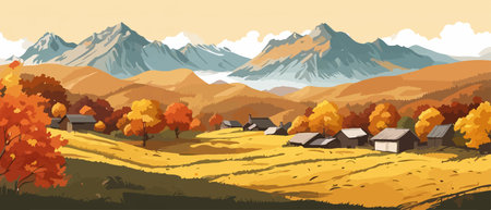 Countryside panorama in autumn, vector horizontal banner of autumn landscape mountainsのイラスト素材