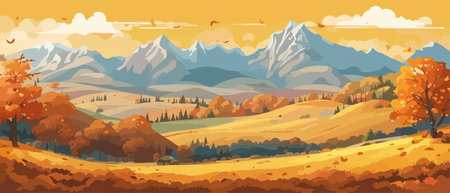 Countryside panorama in autumn, vector horizontal banner of autumn landscape mountainsのイラスト素材