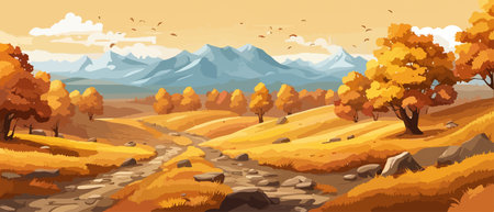 Countryside panorama in autumn, vector horizontal banner of autumn landscape mountainsのイラスト素材