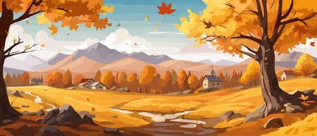 Countryside panorama in autumn, vector horizontal banner of autumn landscape mountainsのイラスト素材