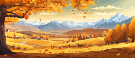 Countryside panorama in autumn, vector horizontal banner of autumn landscape mountainsのイラスト素材