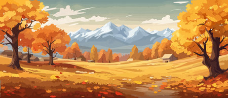 Countryside panorama in autumn, vector horizontal banner of autumn landscape mountainsのイラスト素材