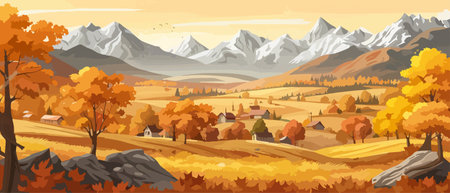 Countryside panorama in autumn, vector horizontal banner of autumn landscape mountainsのイラスト素材