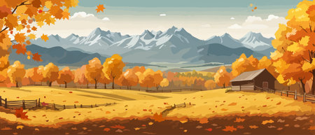 Countryside panorama in autumn, vector horizontal banner of autumn landscape mountainsのイラスト素材