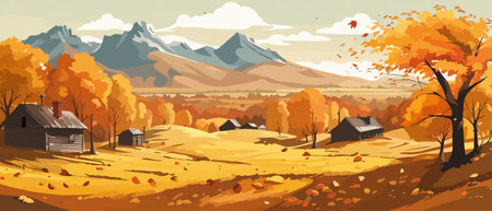 Countryside panorama in autumn, vector horizontal banner of autumn landscape mountainsのイラスト素材