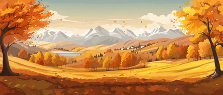 Countryside panorama in autumn, vector horizontal banner of autumn landscape mountainsのイラスト素材
