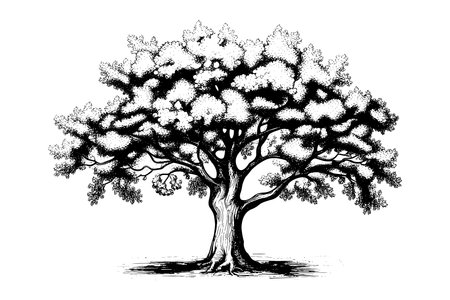 Old sketch oak tree hand drawn in vintage sketch style.のイラスト素材