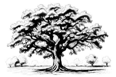 Old sketch oak tree hand drawn in vintage sketch style.のイラスト素材