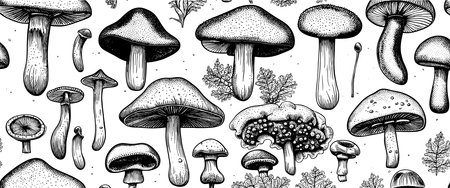 Hand drawn mushrooms in sketch style. Sketches of edible mushrooms. fungal protein.のイラスト素材