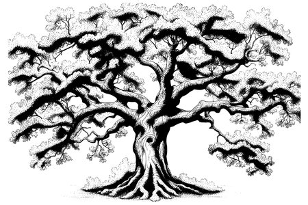 Old sketch oak tree hand drawn in vintage sketch style.のイラスト素材