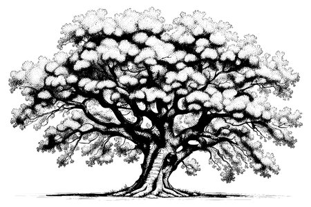 Old sketch oak tree hand drawn in vintage sketch style.のイラスト素材