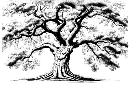 Old sketch oak tree hand drawn in vintage sketch style.のイラスト素材